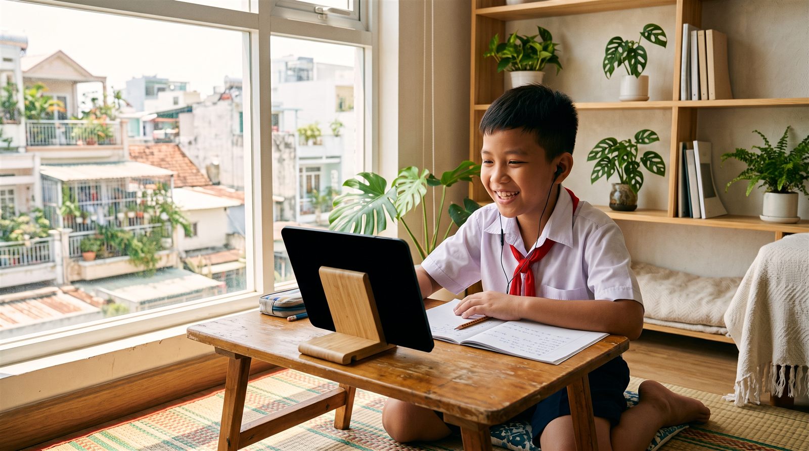 ホーチミンの自宅でオンライン日本語レッスンを受ける子ども