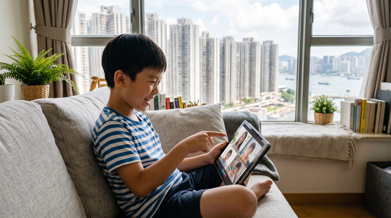香港の自宅でオンライン日本語レッスンを受ける子ども