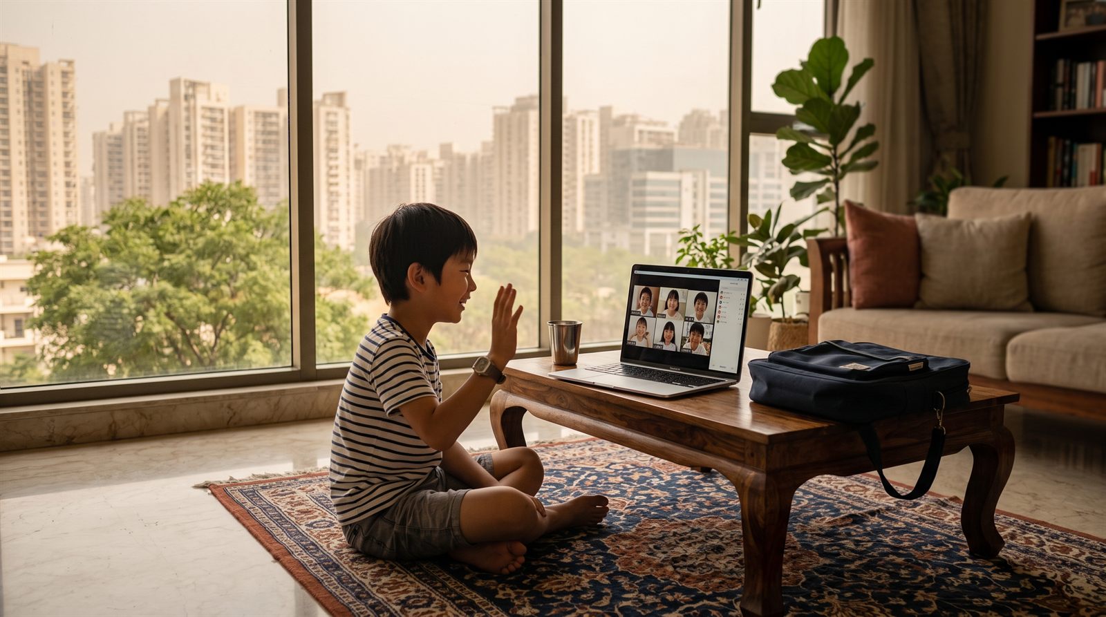 インドの自宅リビングでノートパソコンのオンライン日本語グループレッスンに参加して手を振る小学生