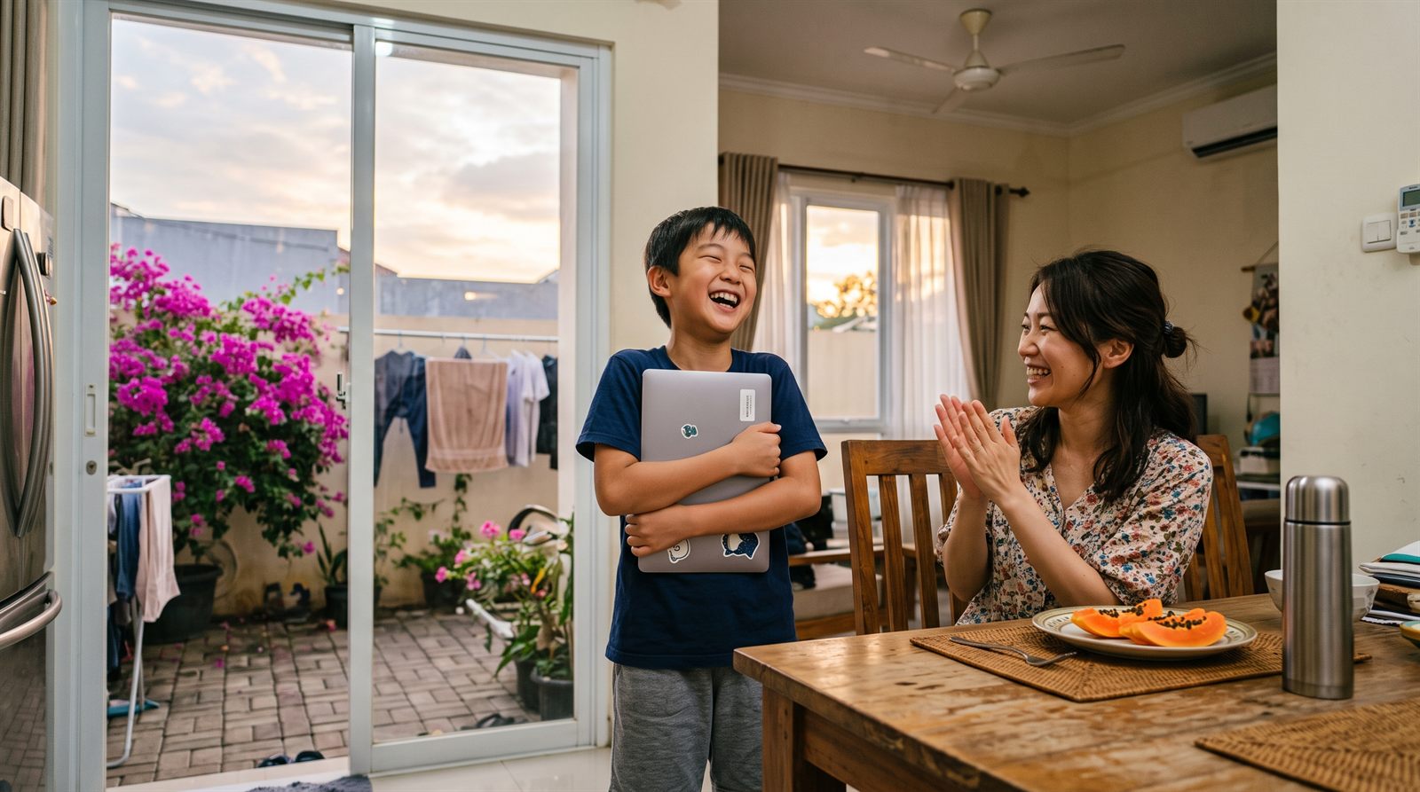 レッスンのあとに喜ぶ子どもとそばで拍手する保護者