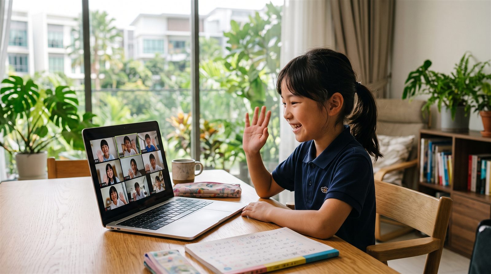 クアラルンプールの自宅でオンライン日本語レッスンを受ける子ども