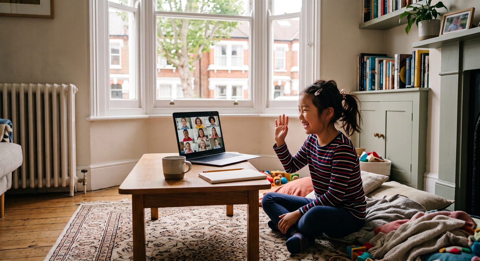 ロンドンの自宅でオンライン日本語レッスンを受ける子ども