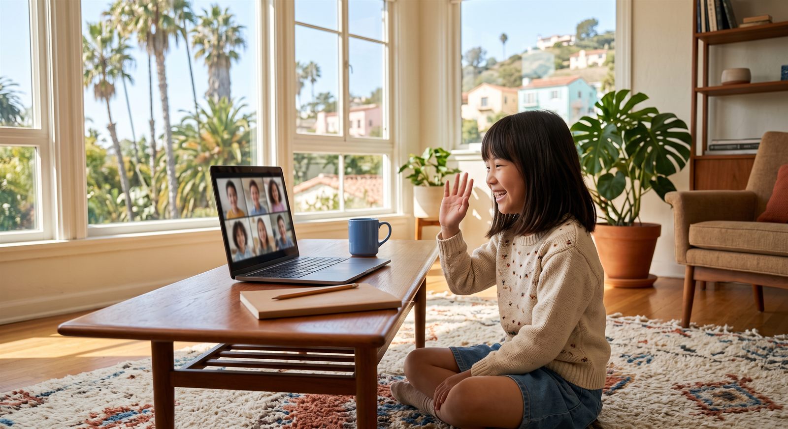 ロサンゼルスの自宅でオンライン日本語レッスンを受ける子ども