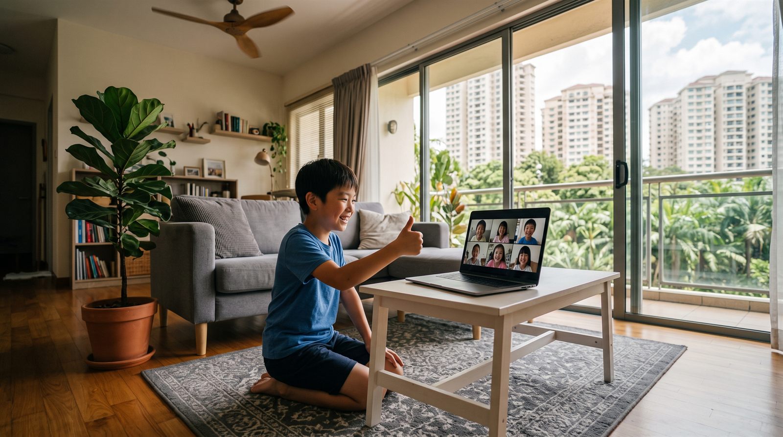 クアラルンプールの自宅リビングでノートパソコンのオンライン日本語グループレッスンに参加して笑う小学生