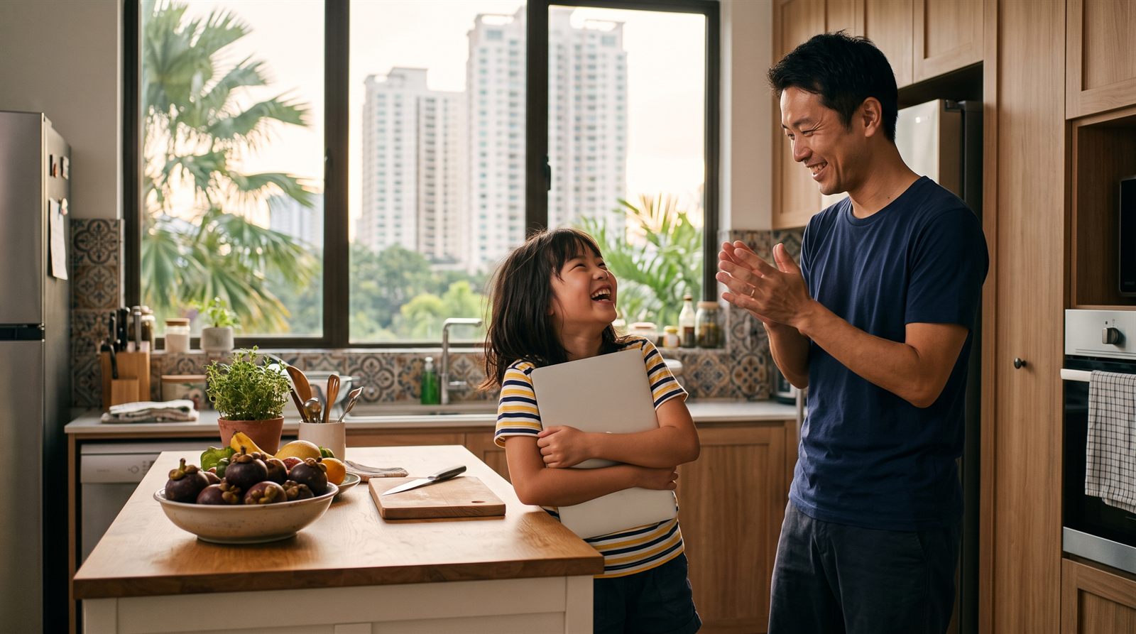 レッスンのあとに喜ぶ子どもとそばで微笑む保護者