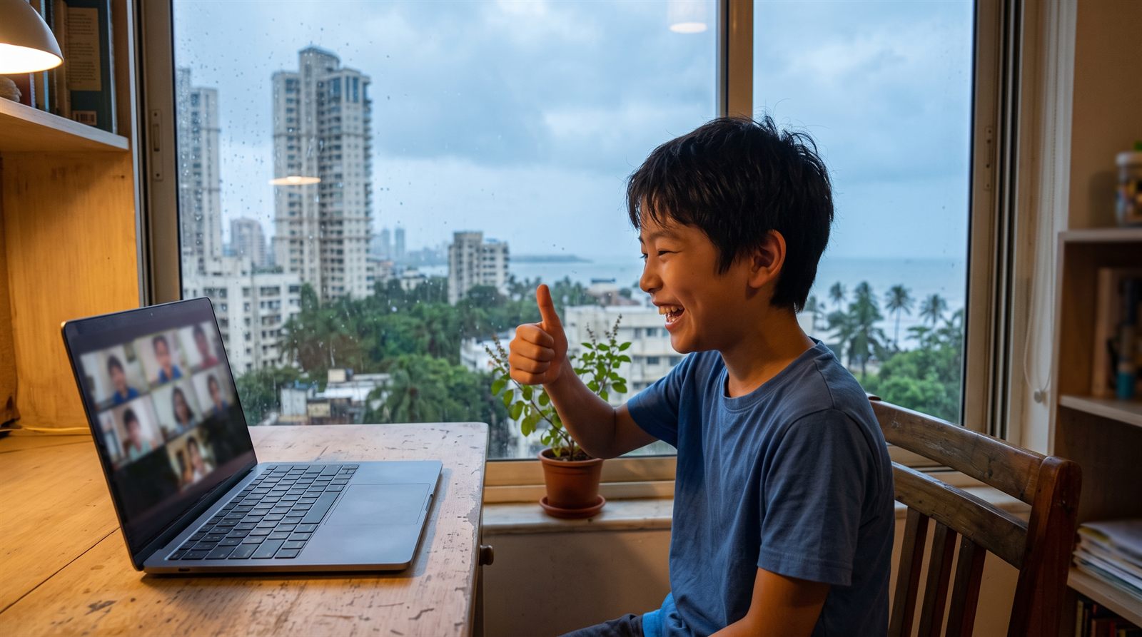 ムンバイの自宅でオンライン日本語レッスンを受ける子ども
