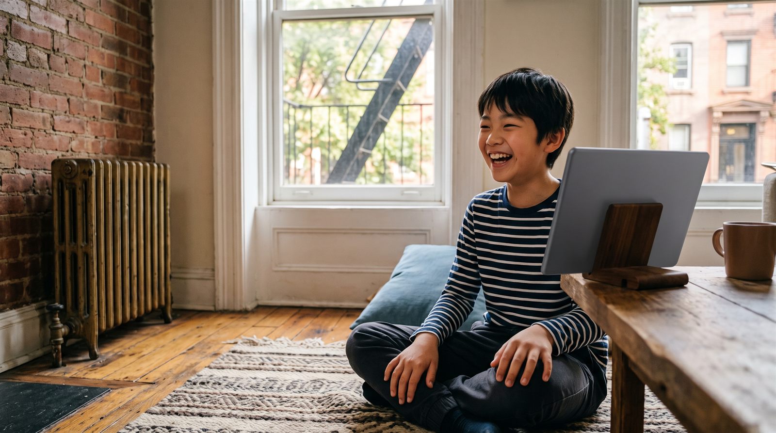 ニューヨークの自宅でオンライン日本語レッスンを受ける子ども