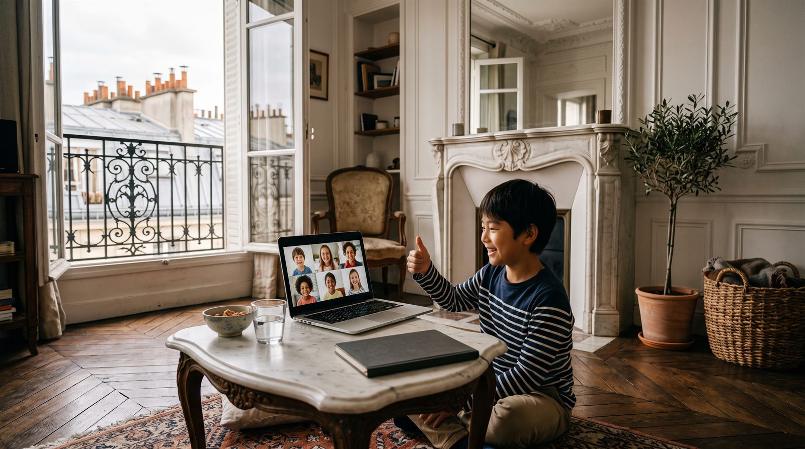 パリの自宅でオンライン日本語レッスンを受ける子ども