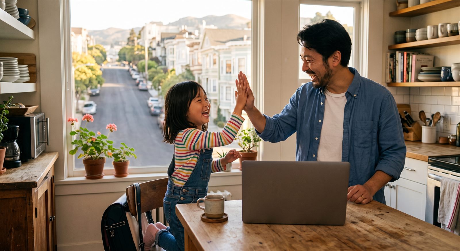 オンラインレッスンの後に笑顔の子どもと保護者