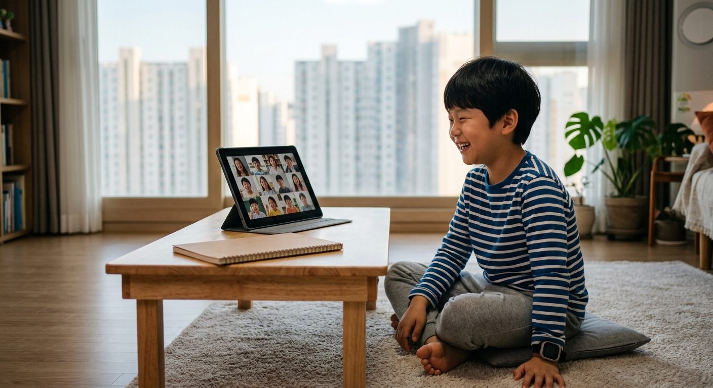 ソウルの自宅でオンライン日本語レッスンを受ける子ども