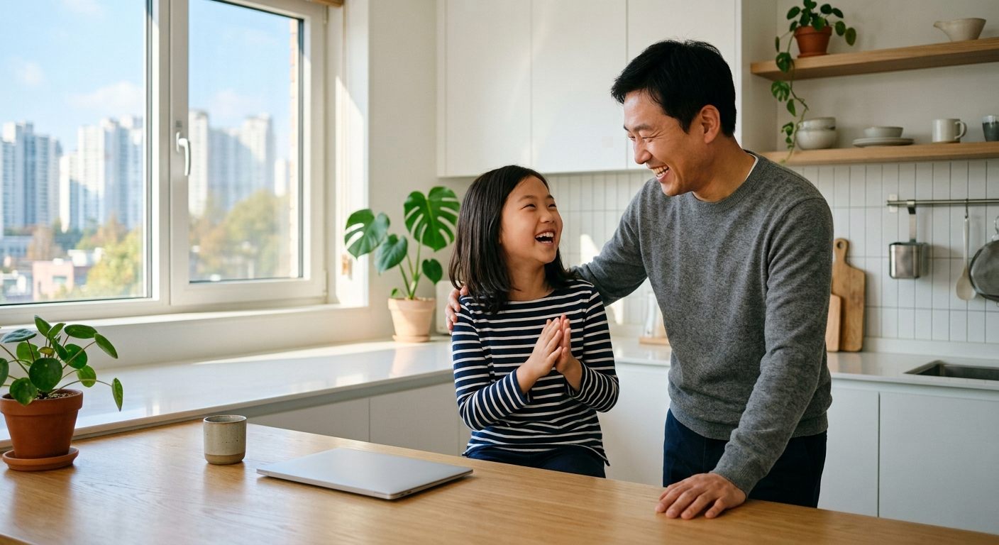 オンラインレッスンの後に笑顔の子どもと保護者