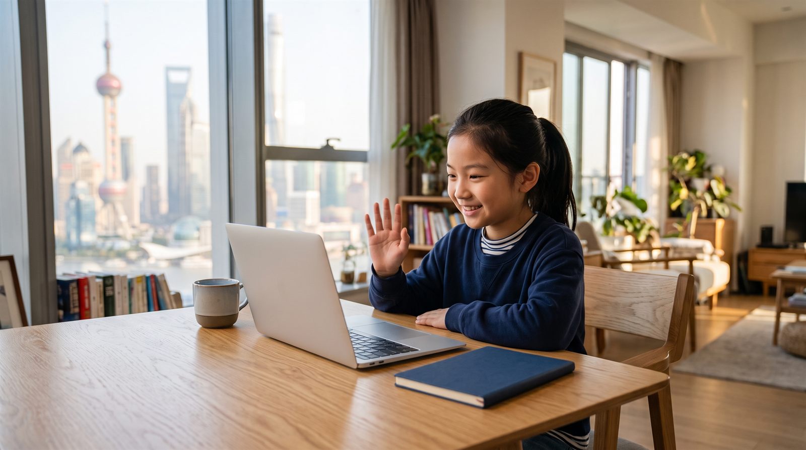 上海の自宅でオンライン日本語レッスンを受ける子ども