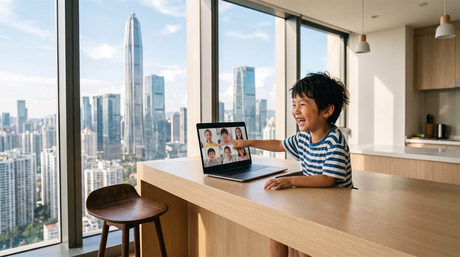 深センの自宅でオンライン日本語レッスンを受ける子ども