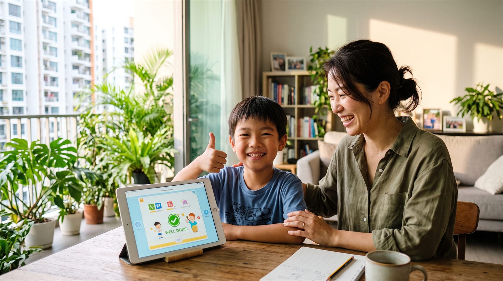 オンラインレッスンの後に笑顔の子どもと保護者