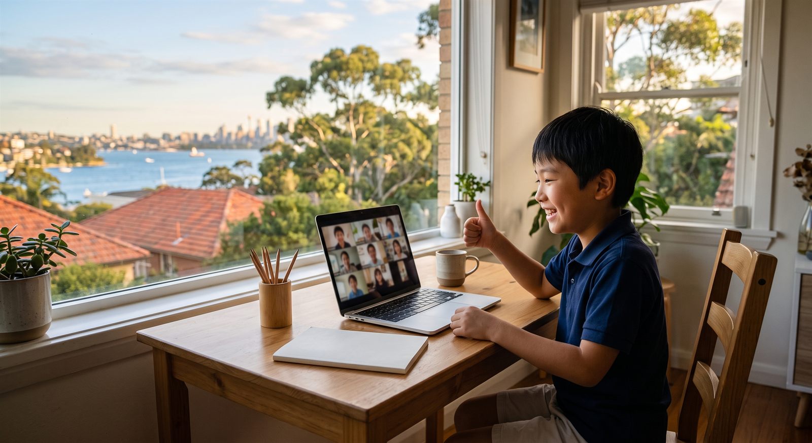 シドニーの自宅でオンライン日本語レッスンを受ける子ども