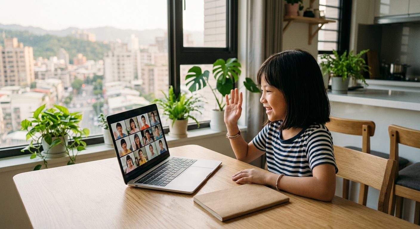 台北の自宅でオンライン日本語レッスンを受ける子ども