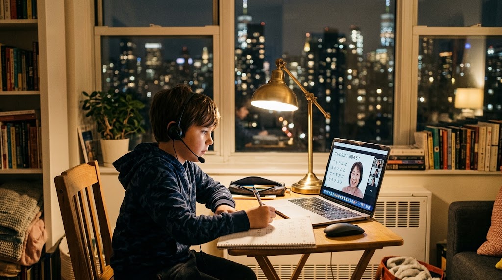 A child taking an online Japanese lesson at a New York apartment desk with city lights