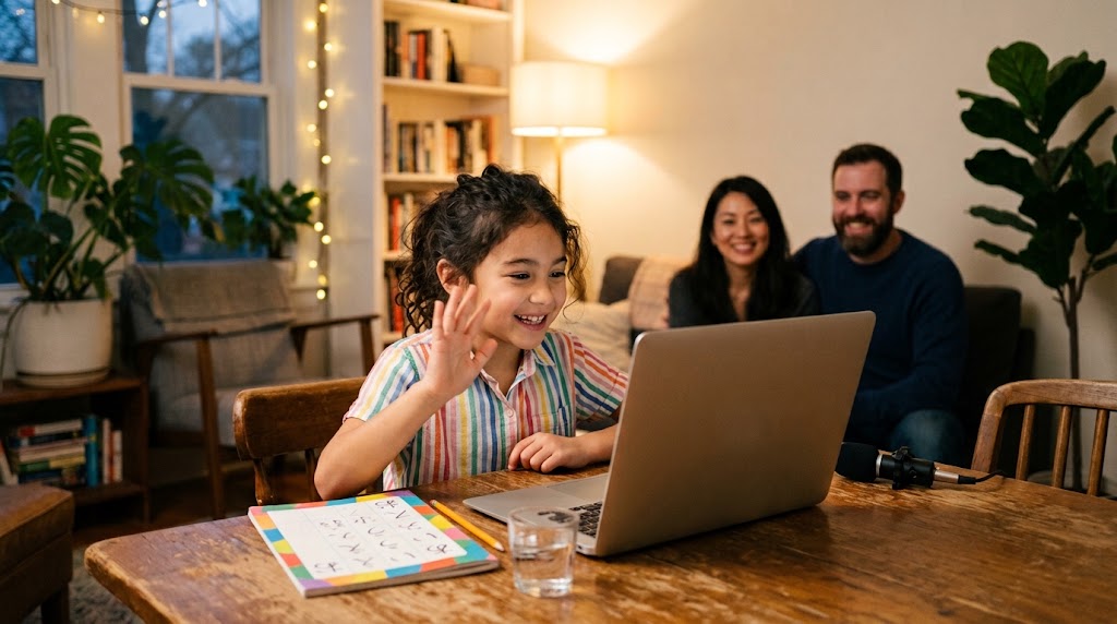 A child waving at the laptop during an online Japanese lesson with family in a cozy evening