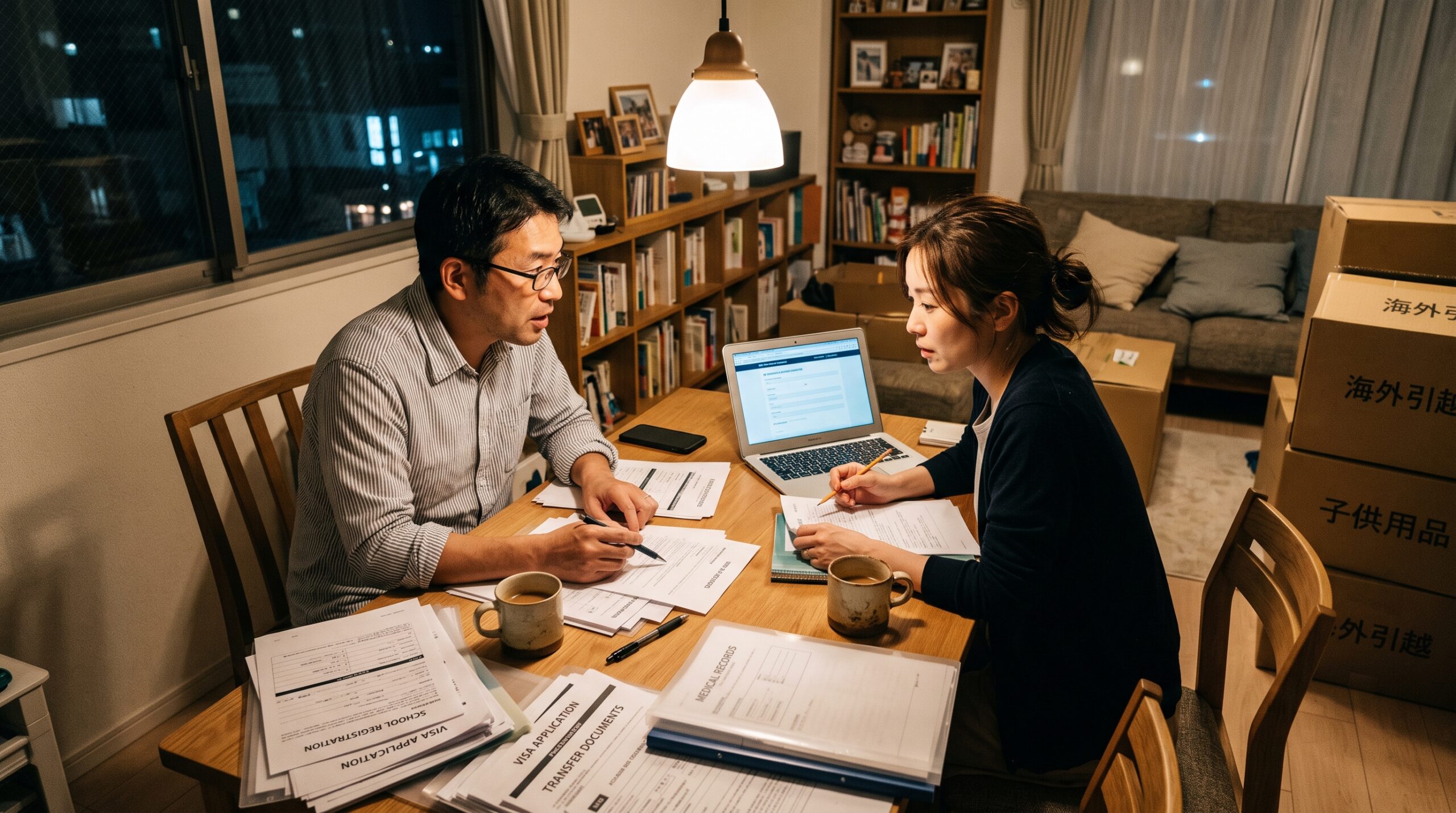 夜のダイニングテーブルで学校の手続き書類とノートパソコンを前に相談する日本人の夫婦