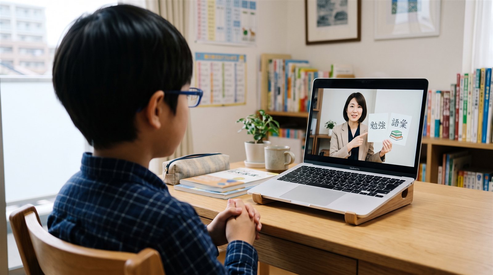 A child in a one-on-one online lesson with an adult teacher - focused, but the teacher is the only person to talk to