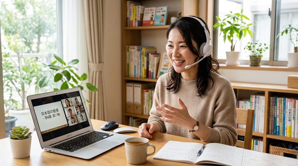 自宅のパソコンでオンライン日本語レッスンをする教師の手元とヘッドセット