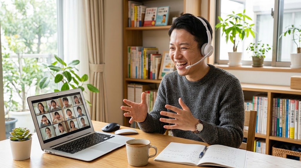オンライン会議画面で複数の子どもと笑顔でグループ授業をする日本語教師
