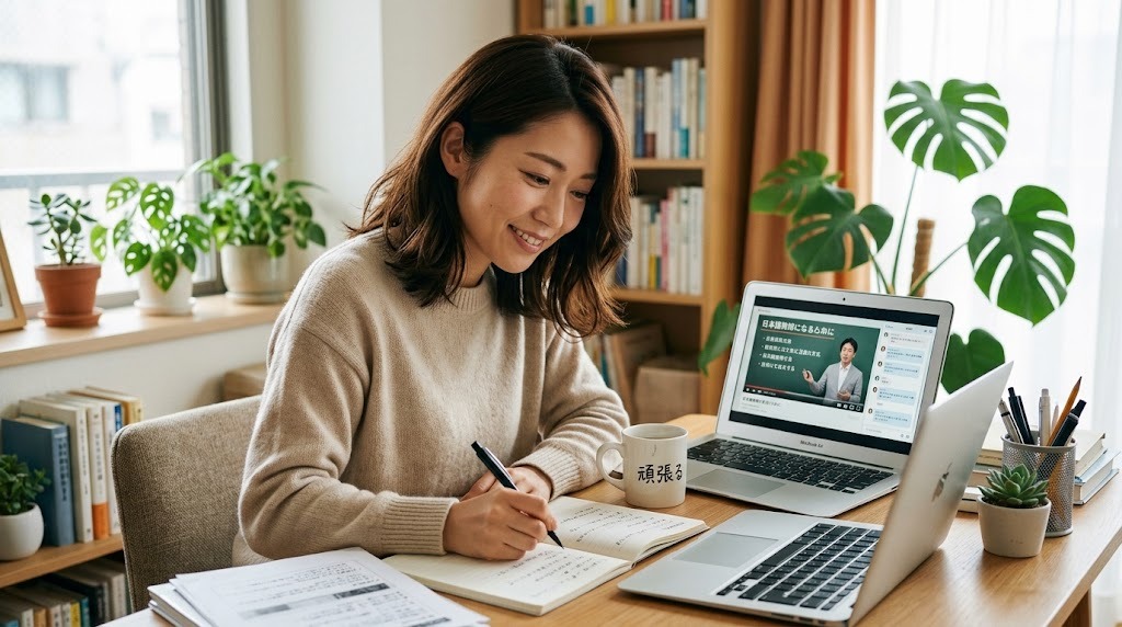 ノートパソコンに向かい、未経験から日本語教師を目指して学び始める人