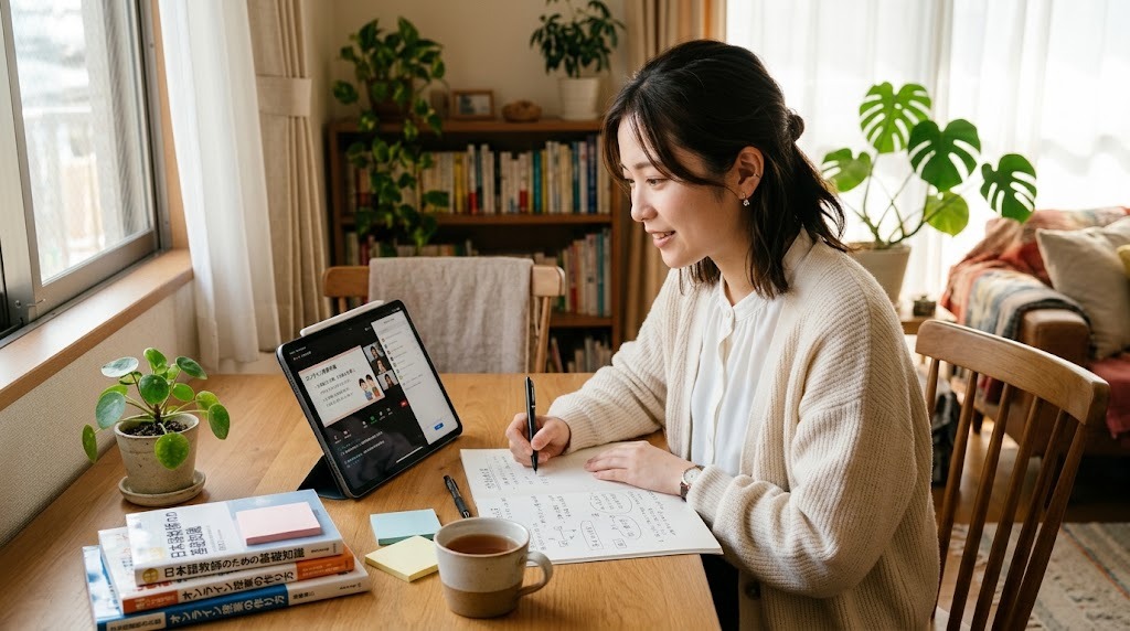 オンライン画面越しに子どもと笑顔でやりとりする日本語教師
