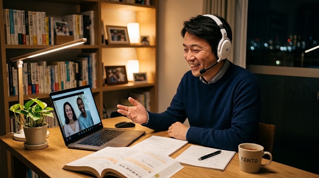 自宅のノートパソコンでオンライン日本語レッスンをする副業の先生