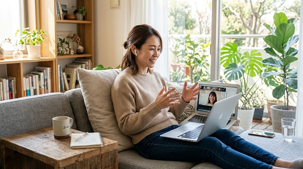 タブレットでオンラインの子ども向けグループレッスンを進行する日本語教師