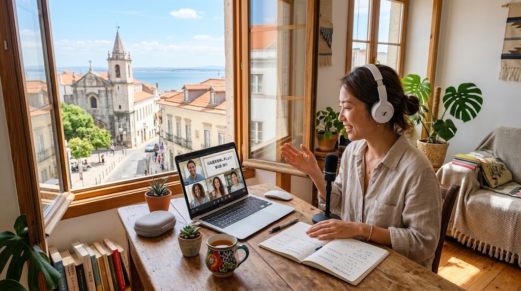 海外の自宅からノートパソコンでオンライン授業をする日本語教師