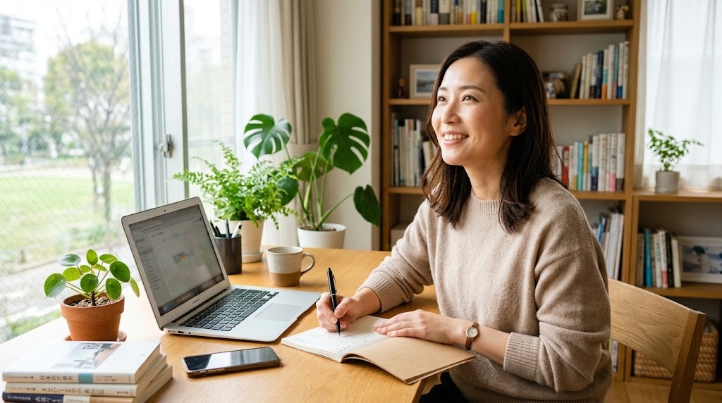 自宅のデスクでオンライン授業をする日本語教師と、手元のノートに収入プランを書き出す様子