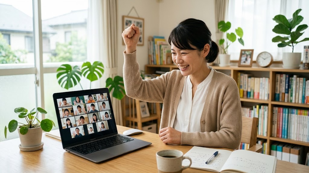 オンライン画面越しに子どもの生徒へ笑顔で語りかける日本語教師の様子