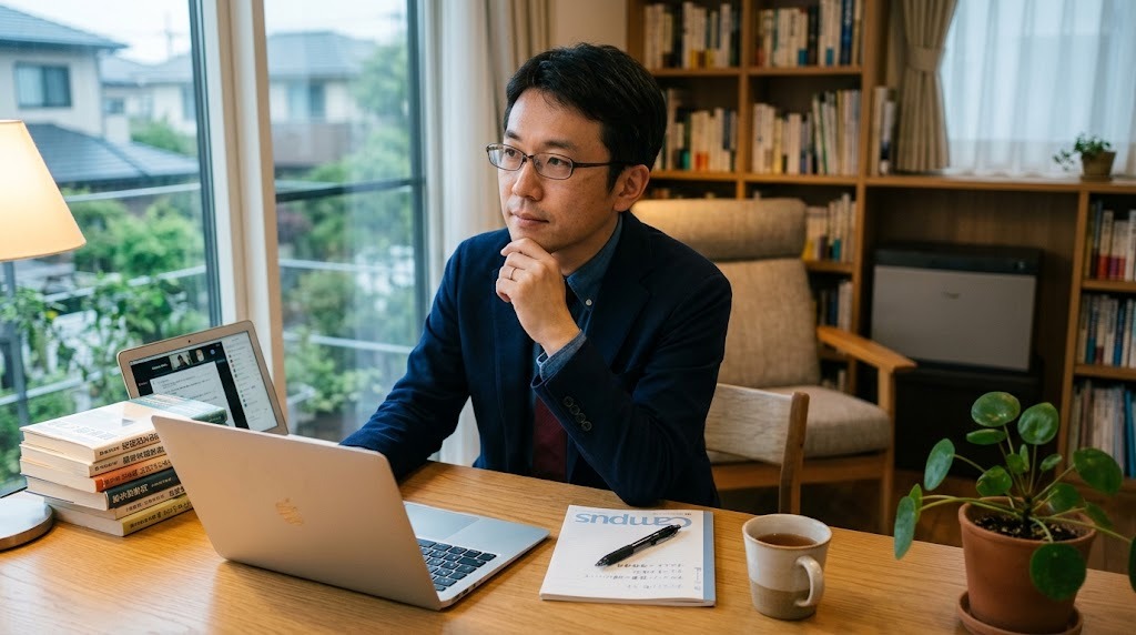 ノートパソコンに向かい、オンラインで日本語を教える現役の日本人教師