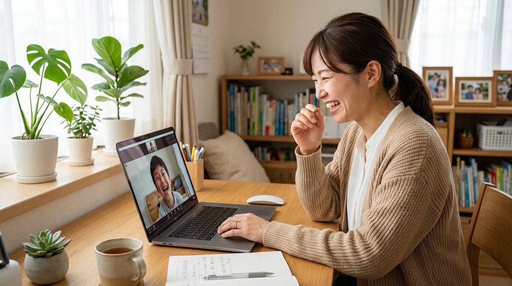 オンライン画面越しに子どもの生徒と笑顔でやりとりする日本語教師