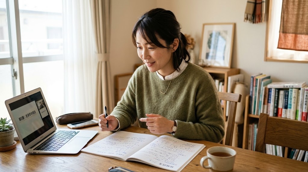 模擬授業の教案をノートに書きながら準備する日本語教師