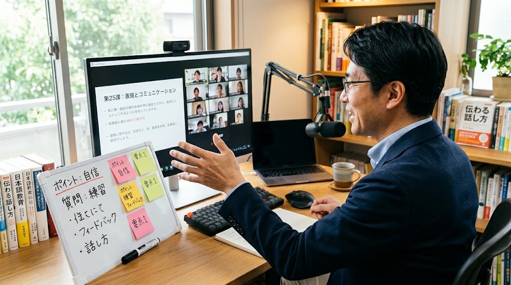 オンラインで子どものグループ授業を進める日本語教師と画面越しの子どもたち