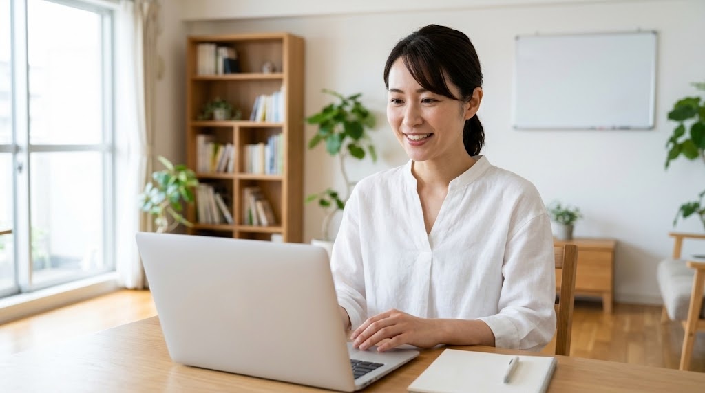 自宅のパソコンでオンライン面談に臨む日本語教師志望の女性