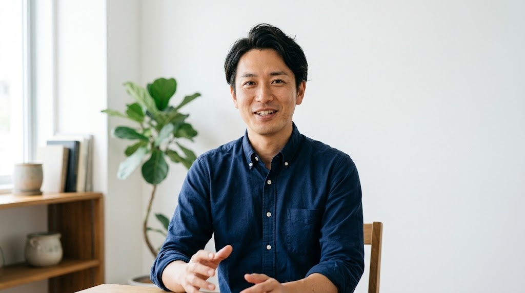 明るい部屋でノートパソコンに向かい笑顔で話すオンライン面談中の先生