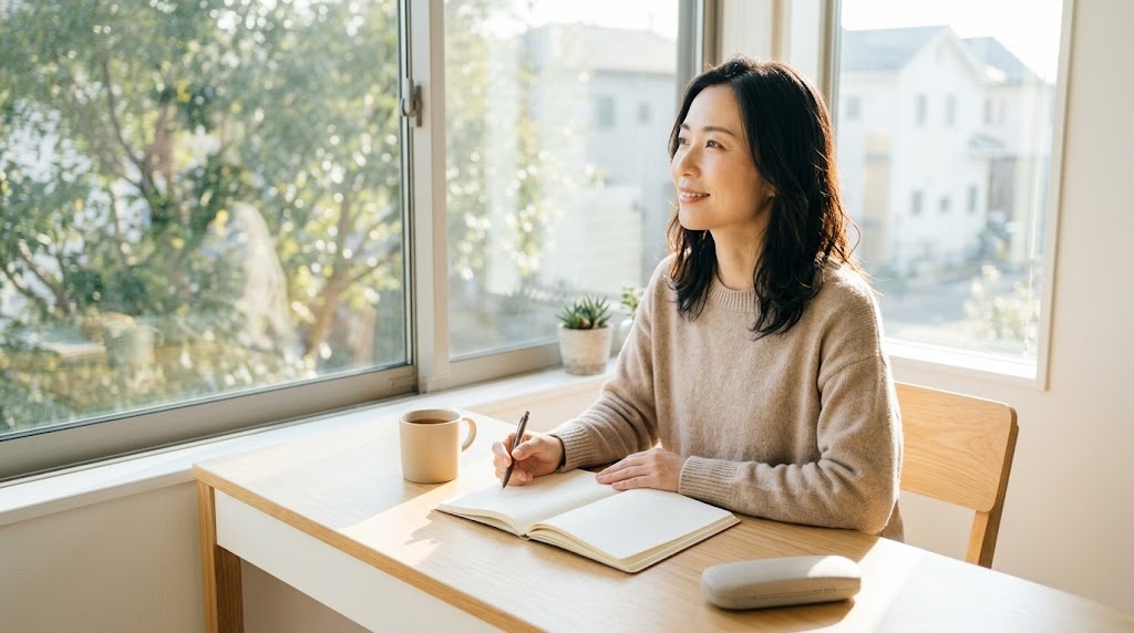 求人票と家計の資料を見ながら日本語教師の年収を計算する女性