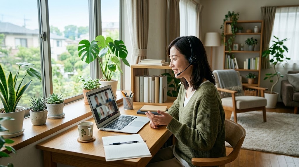 自宅の机でヘッドセットを着けてオンライン授業をする在宅勤務の日本語教師