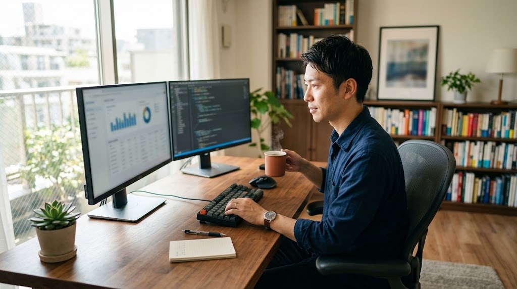 自宅の書斎でパソコンに向かい、フルリモートで常勤として働く日本語教師
