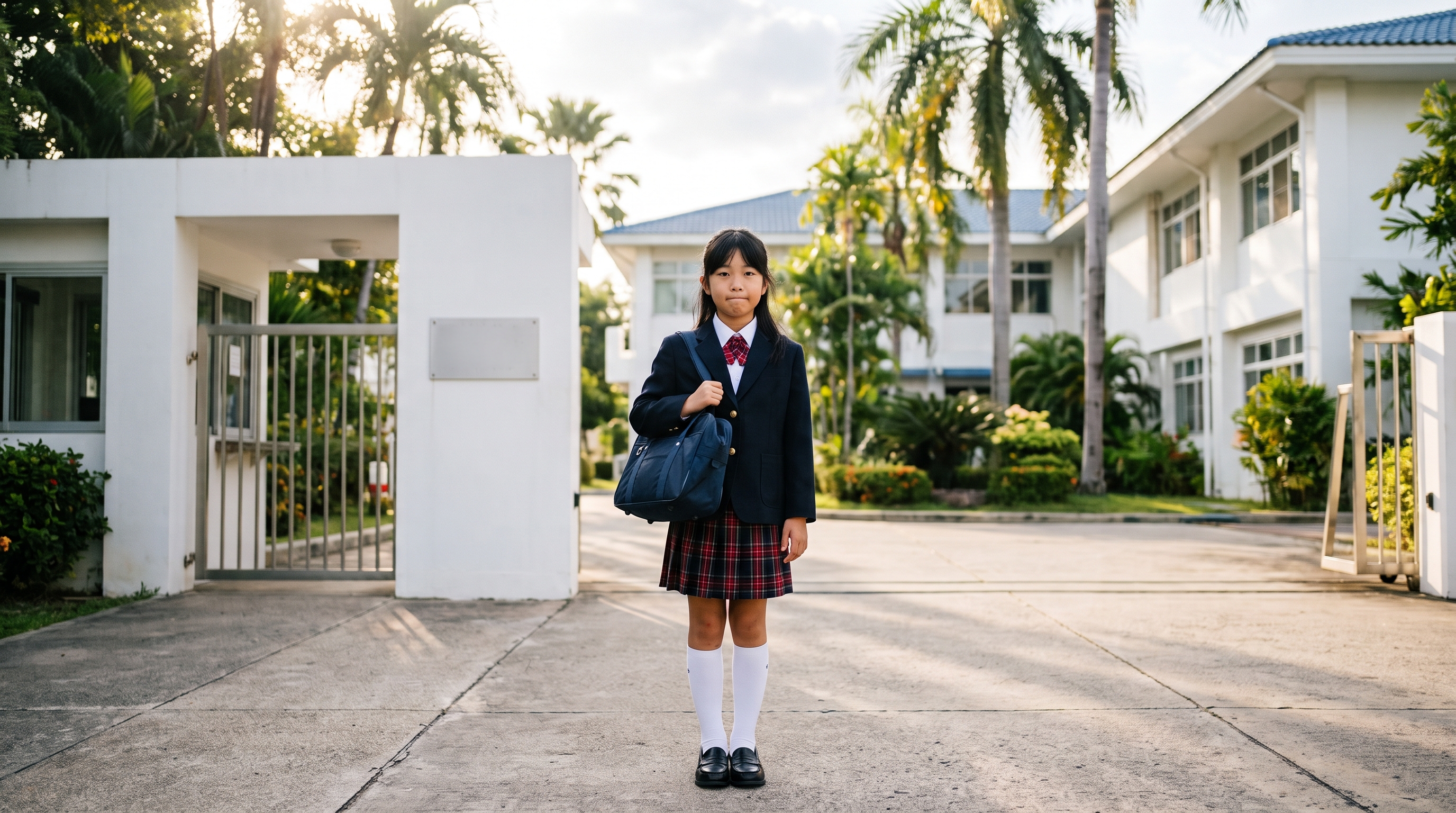 紺色のブレザーとチェックのスカートの制服を着た小学生の女の子が海外の日本人学校の校門前に立っている