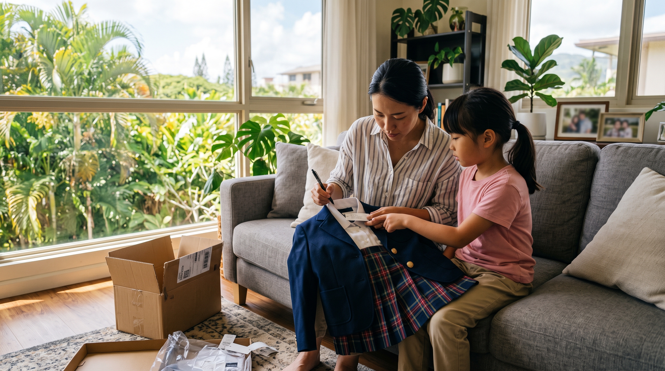 海外の住まいのリビングで母親と小学生の子どもが新しい制服のブレザーとスカートを広げて確認している