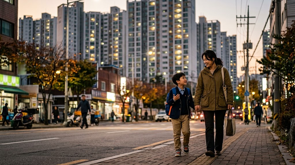 저녁 서울 거리를 엄마와 걷는 초등학생