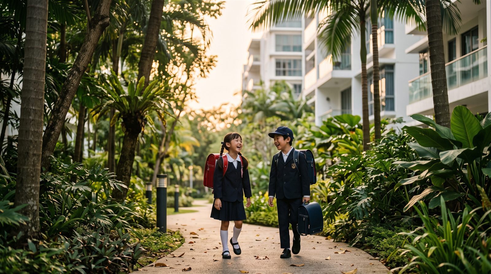 Kids in school uniforms walking home through a Singapore condominium garden
