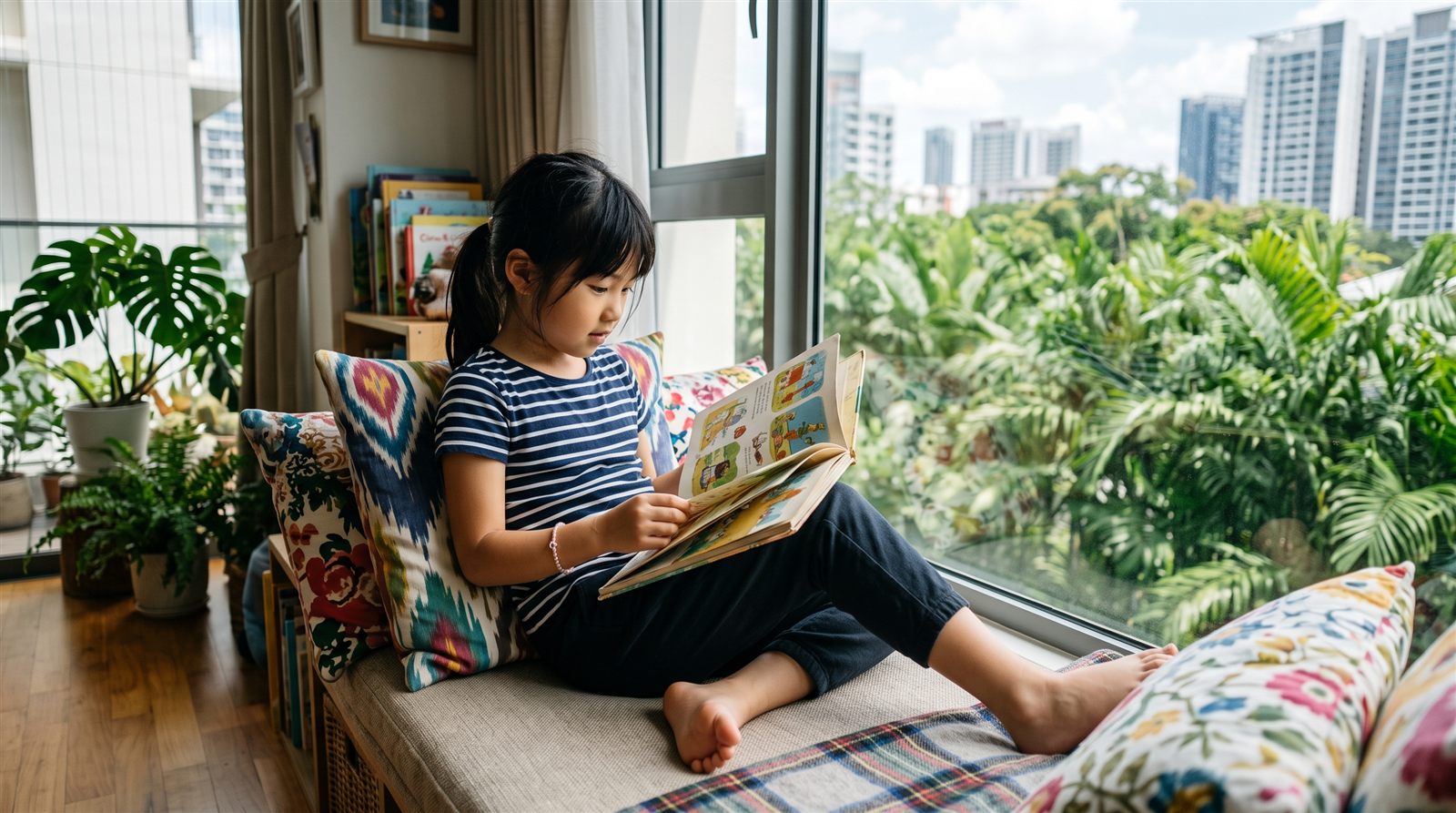 Girl reading a Japanese picture book by the window in a Singapore condo