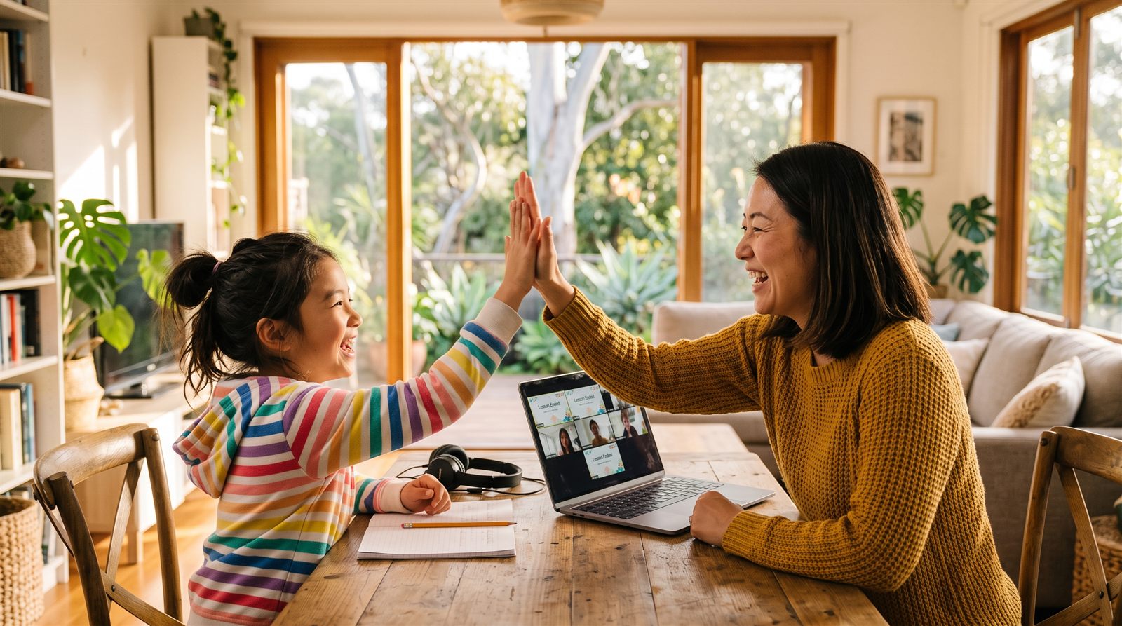 Girl high-fiving her mum after an online Japanese lesson in Sydney