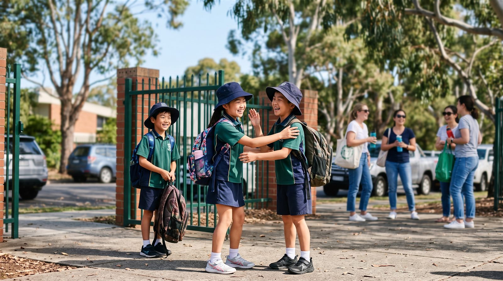 Kids with backpacks outside a Sydney Saturday school gate