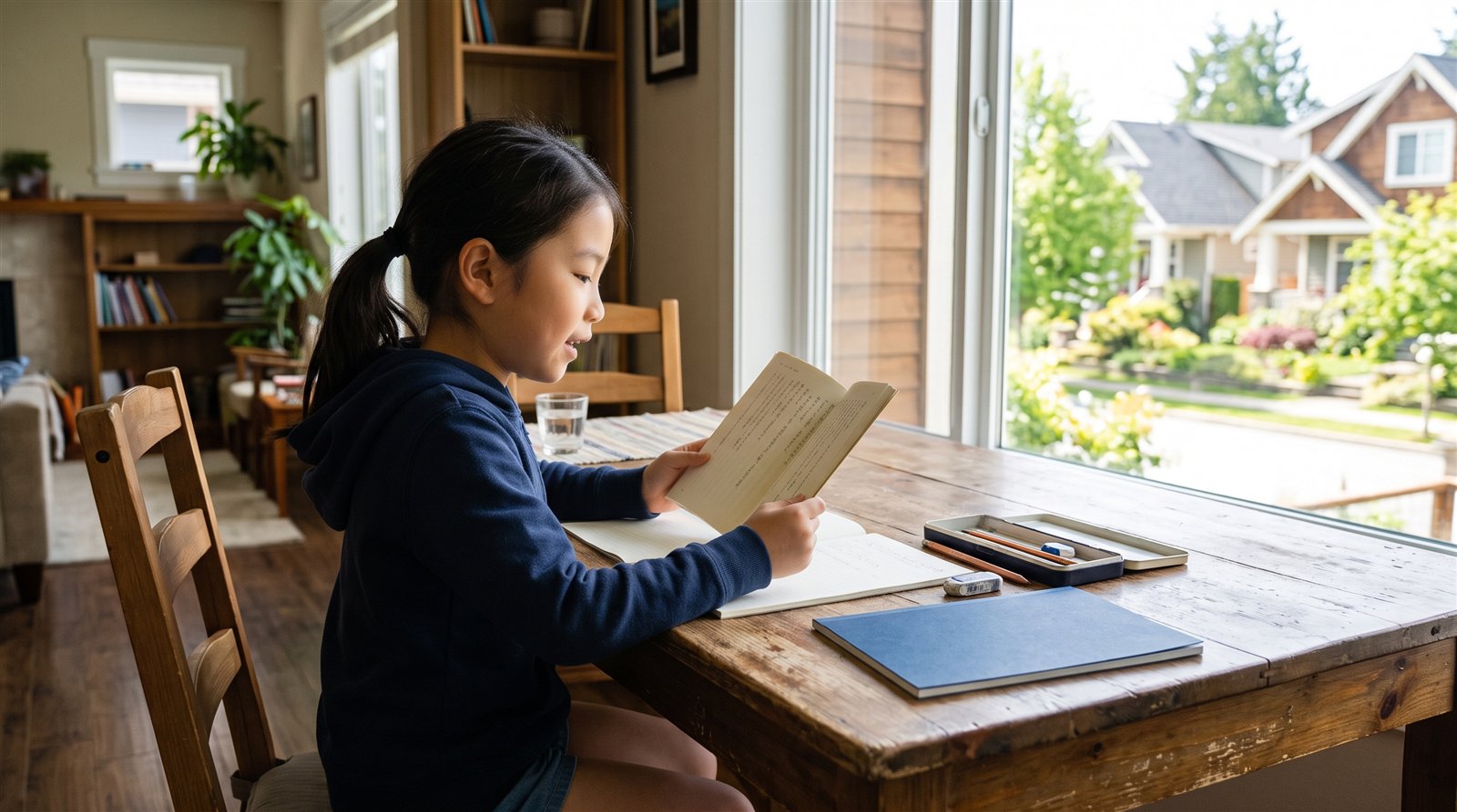 海外の自宅のダイニングテーブルで日本の教科書を開いて音読している小学生の女の子